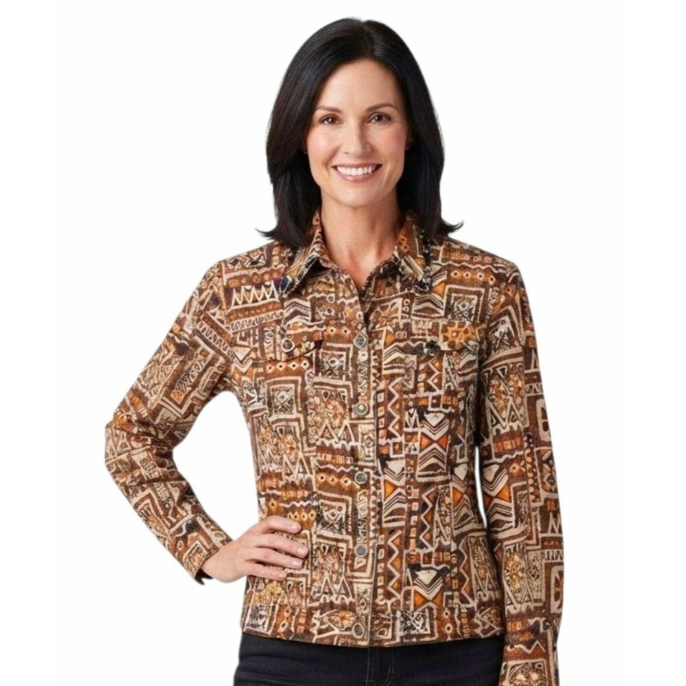 Ruby Rd. Womens 8 Brown Button Top Jacket Pockets Bead collar linen blend aztec